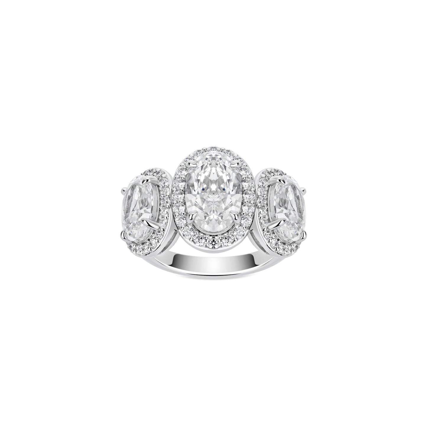 VAMERAY #48015 12 Carat Three-Stone Oval Cut Halo Pave Accent Prong-Set Ring
