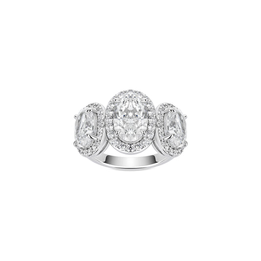 VAMERAY #48015 12 Carat Three-Stone Oval Cut Halo Pave Accent Prong-Set Ring